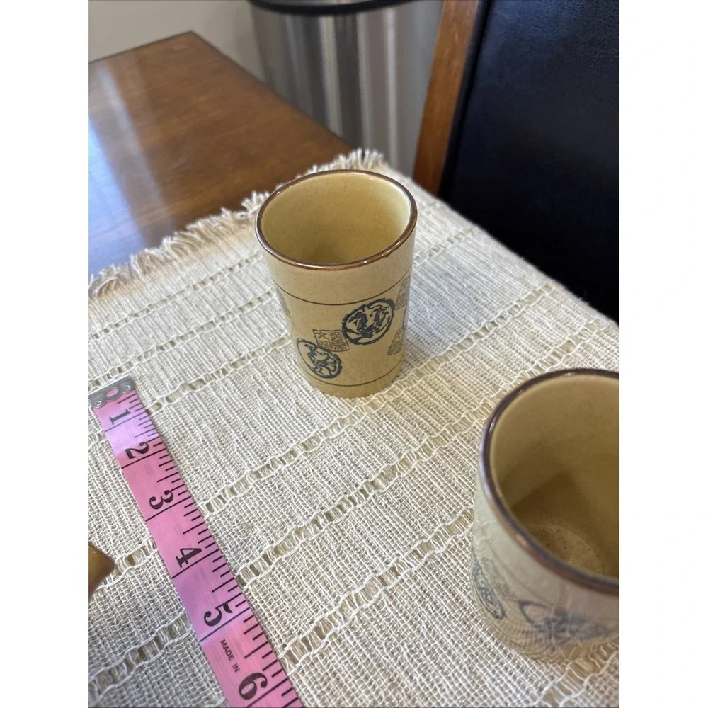 Pier One Imports Porcelain Teapot Set w/ 4‎ Cups Navy & Brown Stamp Pattern